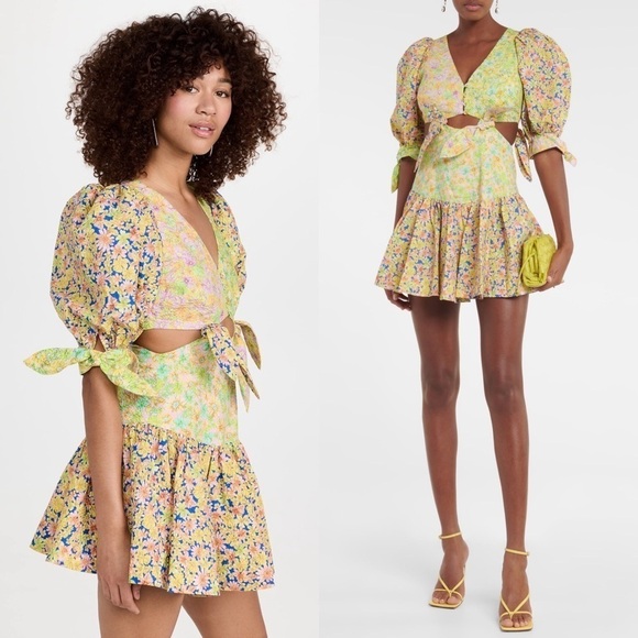 NWT ALEMAIS Daisy Spliced Puff Short Sleeve Cutout Open Back Ruffle Hem Dress 0 - Picture 7 of 16